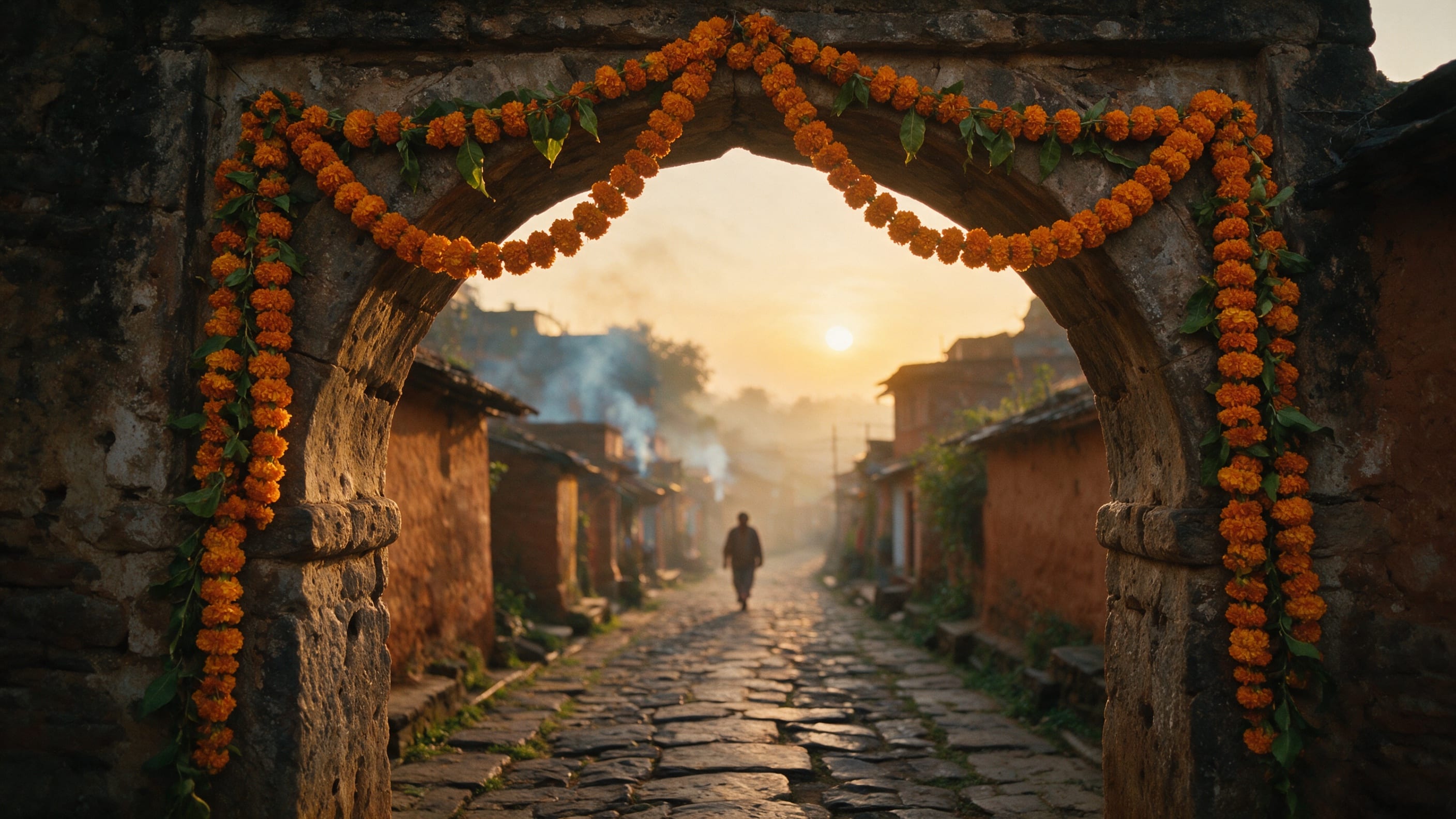 A marigold-garlanded stone archway opening onto a cobbled village street at sunrise, a lone figure walking away toward the light