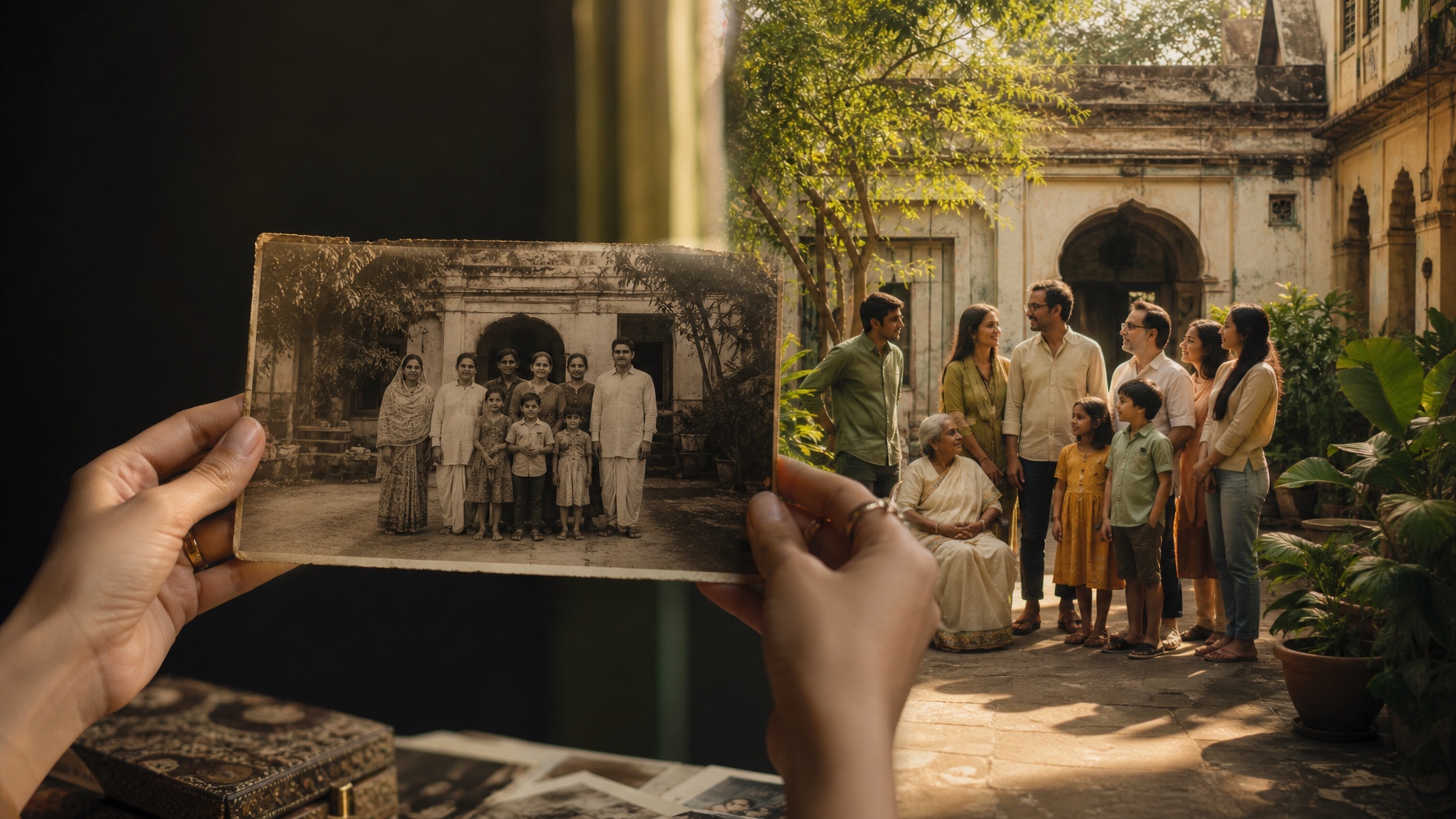 An old family photograph held up against the same courtyard, generations later, with the family gathered where the picture was taken