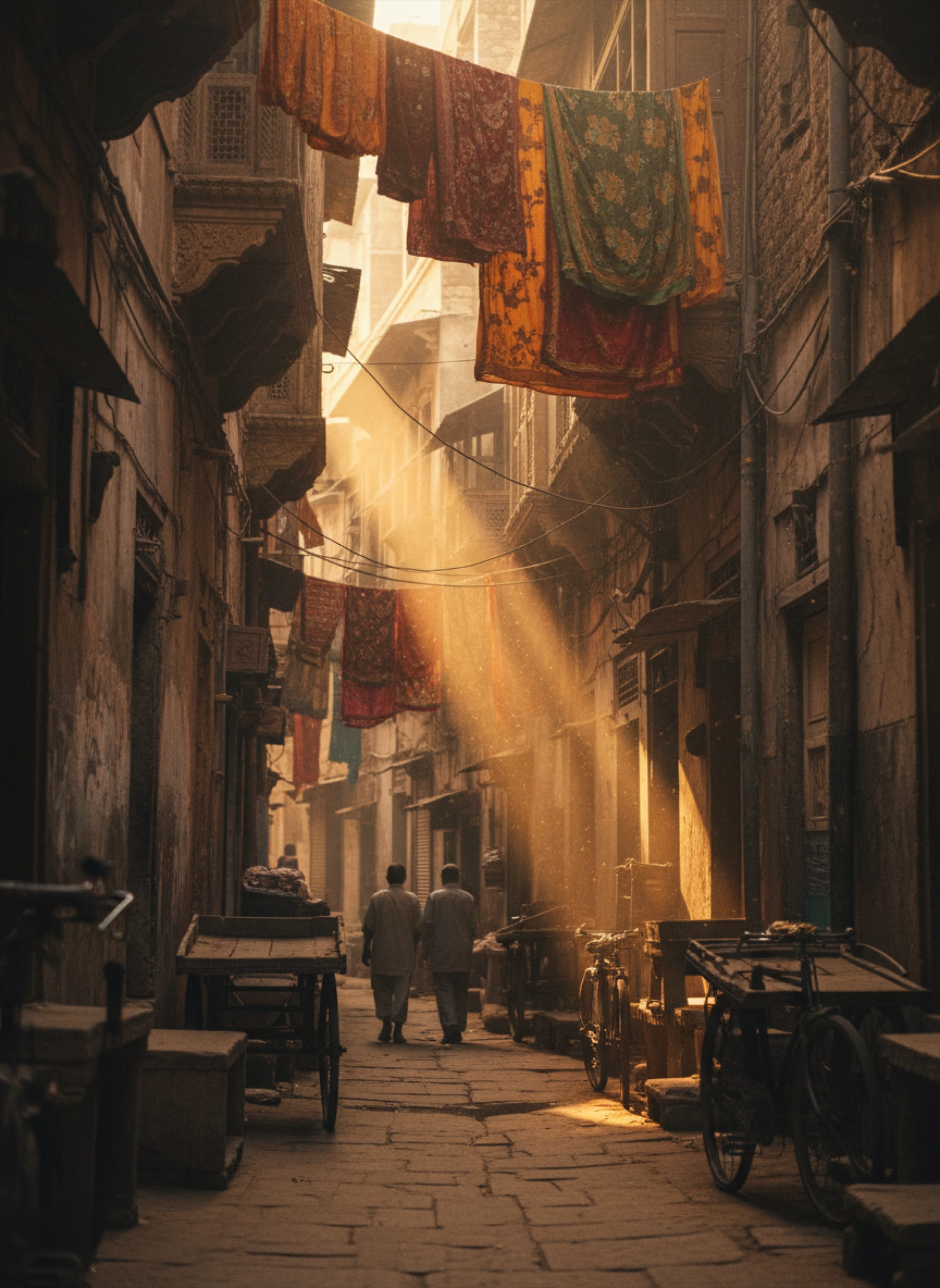 A narrow alley in Old Delhi at golden hour