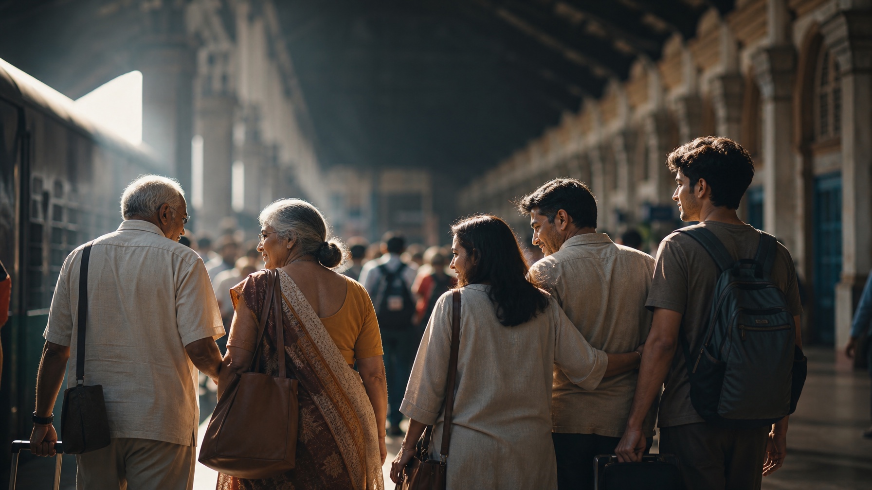 A multi-generational family walking together through an Indian railway station, backs to camera, morning light streaming in